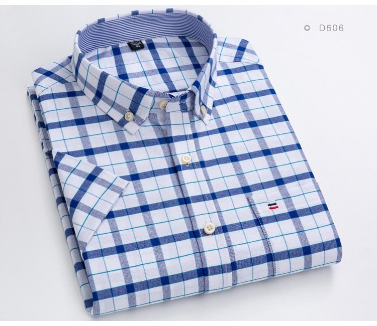 Homens oxford manga curta verão camisas casuais bolso único confortável padrão-fit camisa de algodão listrada xadrez