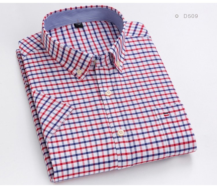 Homens oxford manga curta verão camisas casuais bolso único confortável padrão-fit camisa de algodão listrada xadrez