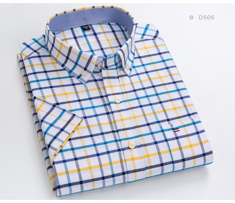 Homens oxford manga curta verão camisas casuais bolso único confortável padrão-fit camisa de algodão listrada xadrez