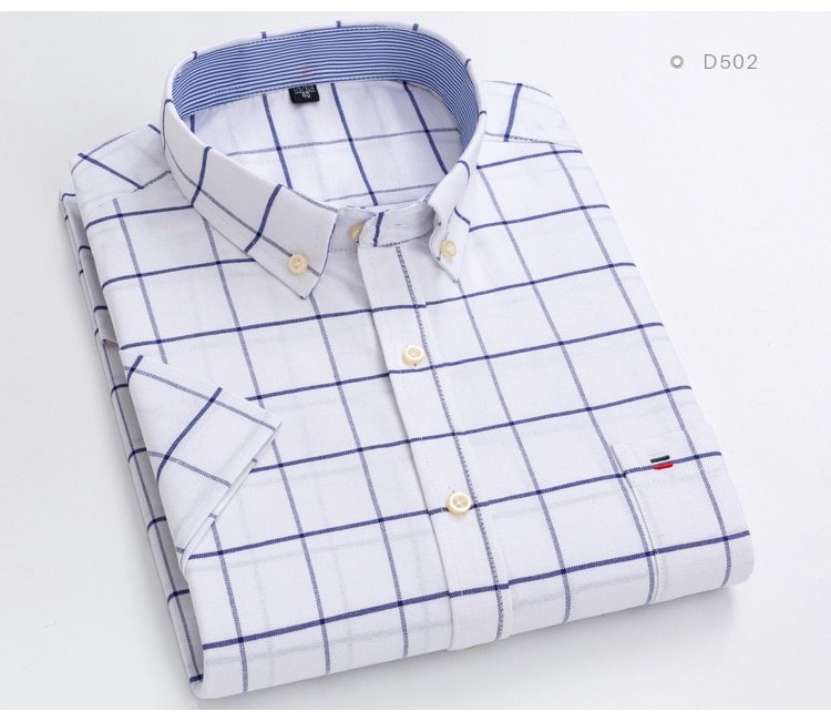 Homens oxford manga curta verão camisas casuais bolso único confortável padrão-fit camisa de algodão listrada xadrez